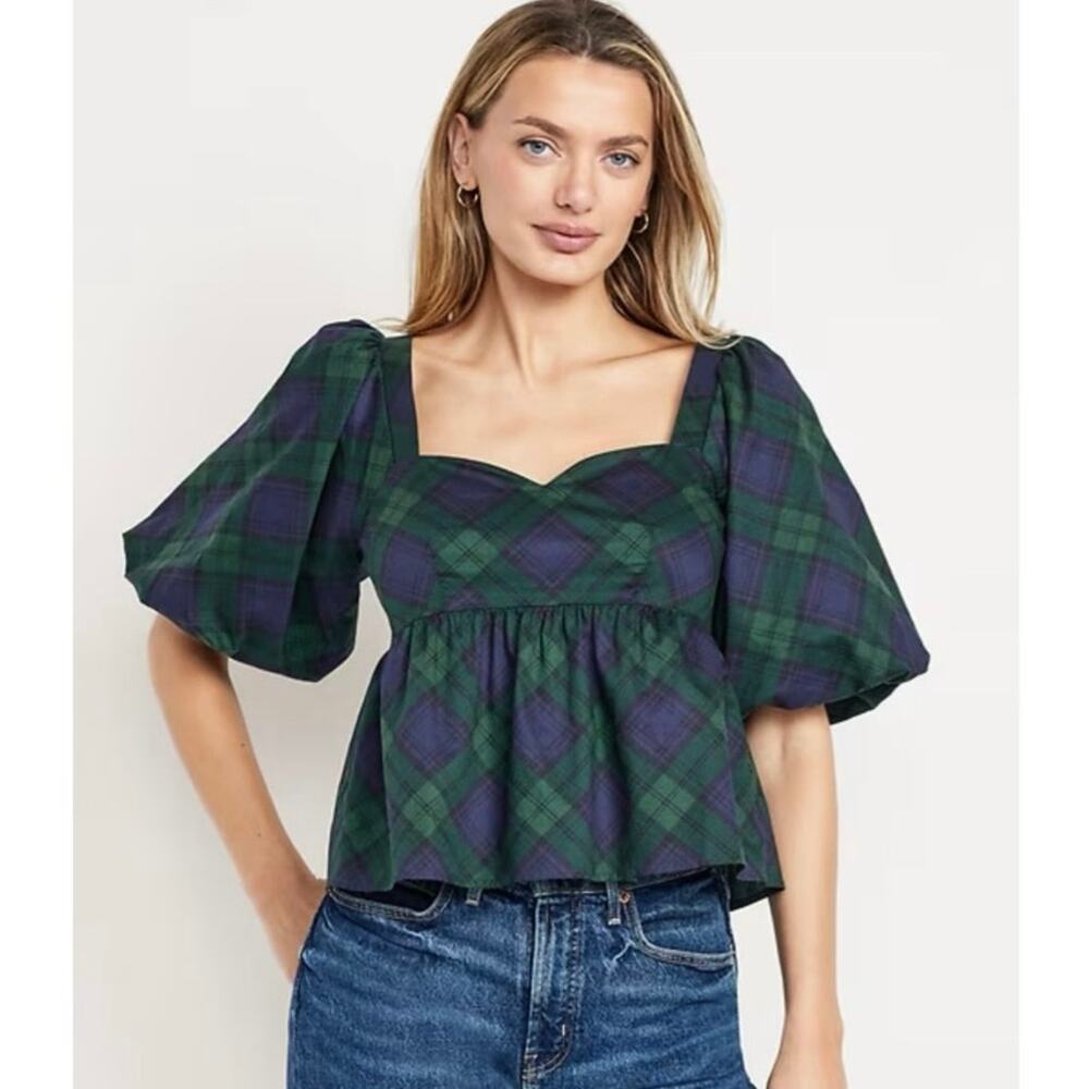 Old Navy Tartan Plaid Smocked Babydoll Peplum Puff Sleeve Top XL NWT  Cotton